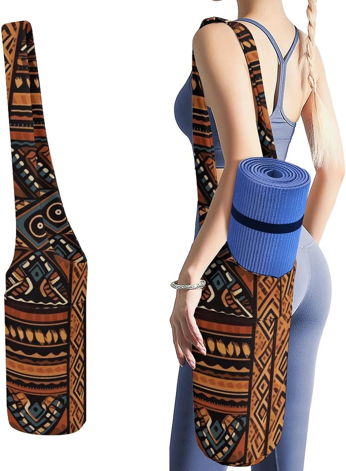 Traditional African Design Pattern Yoga Mat Bag Long Tote Yoga Bag with Large Side Pocket Yoga Mat Carrier Fit Most Size Mats