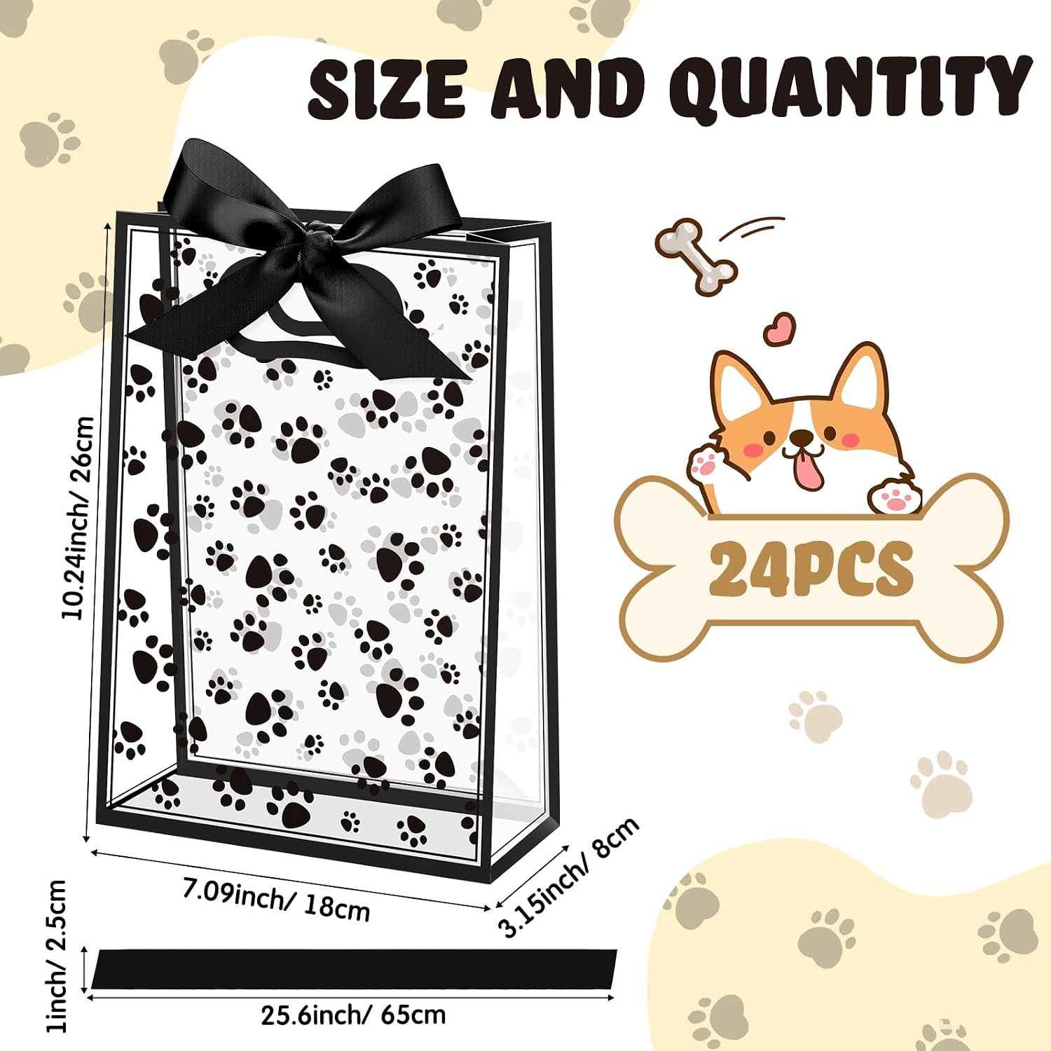 Capoda 24 Pack Dog Paw Gift Bags with Handles Reusable Plastic Party Favor Bags for Dog Birthday Puppy Party Black Paw Goodie Bag Medium Treat Bag for Pet Adoption Rescue Events Doggy image 2