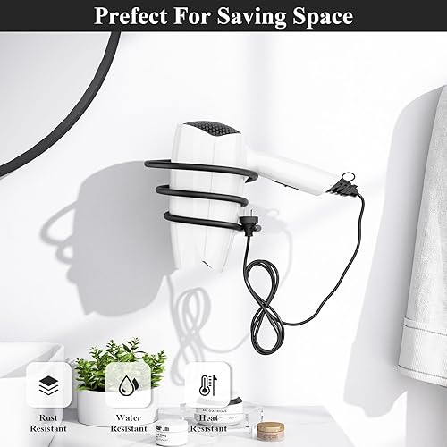 Miniatura 5 de Tindbea Soporte para secador de pelo, negro mate, soporte para secadora de pelo, soporte de pared, organizador de herramientas de pelo de baño para