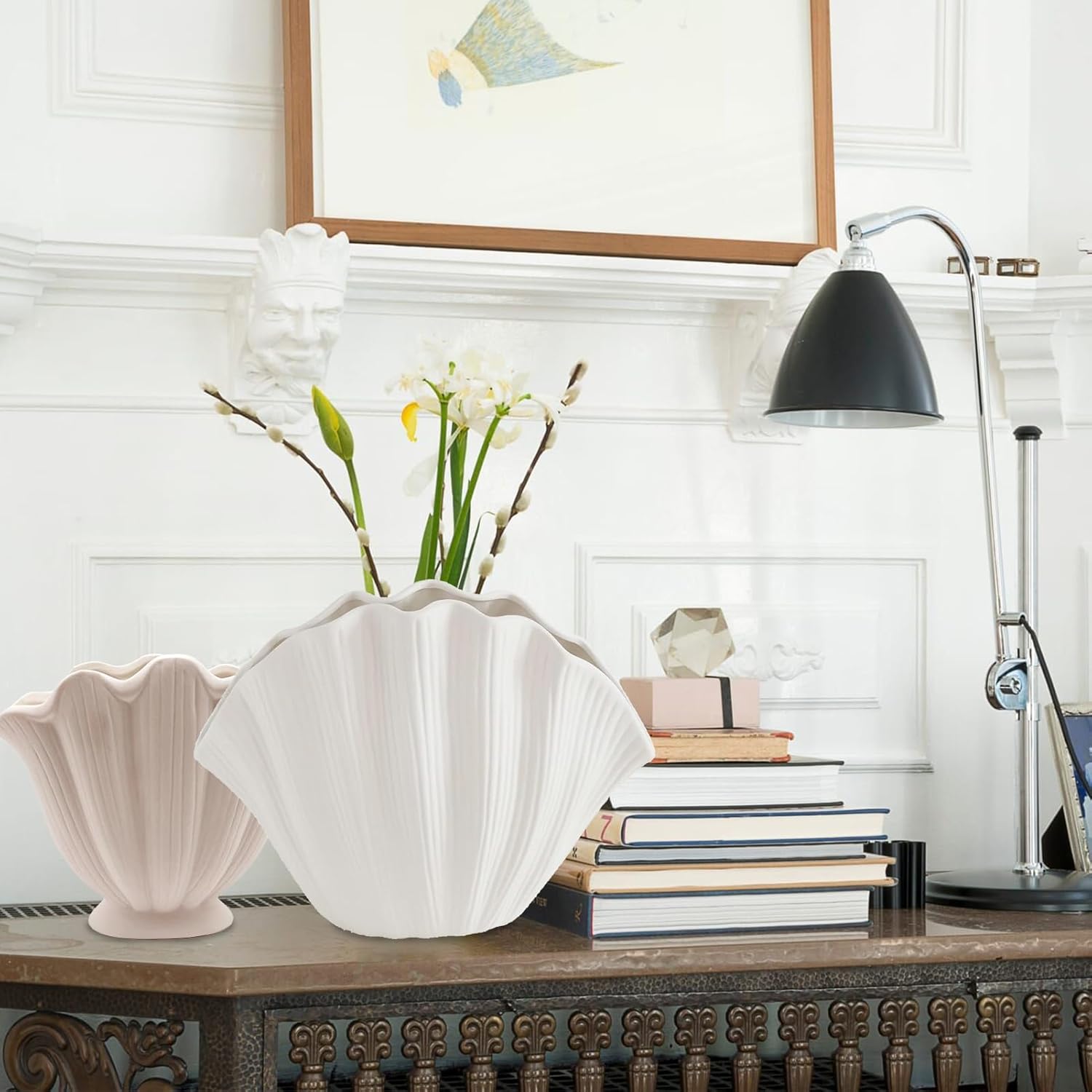 MSUIINT White Ceramic Vase, Shell Shaped Vase for Living Room Decor, Shell Shaped Ceramic Vases for Modern Home Decor, Aesthetic Room Decor, Centerpiece Table Decor(A)