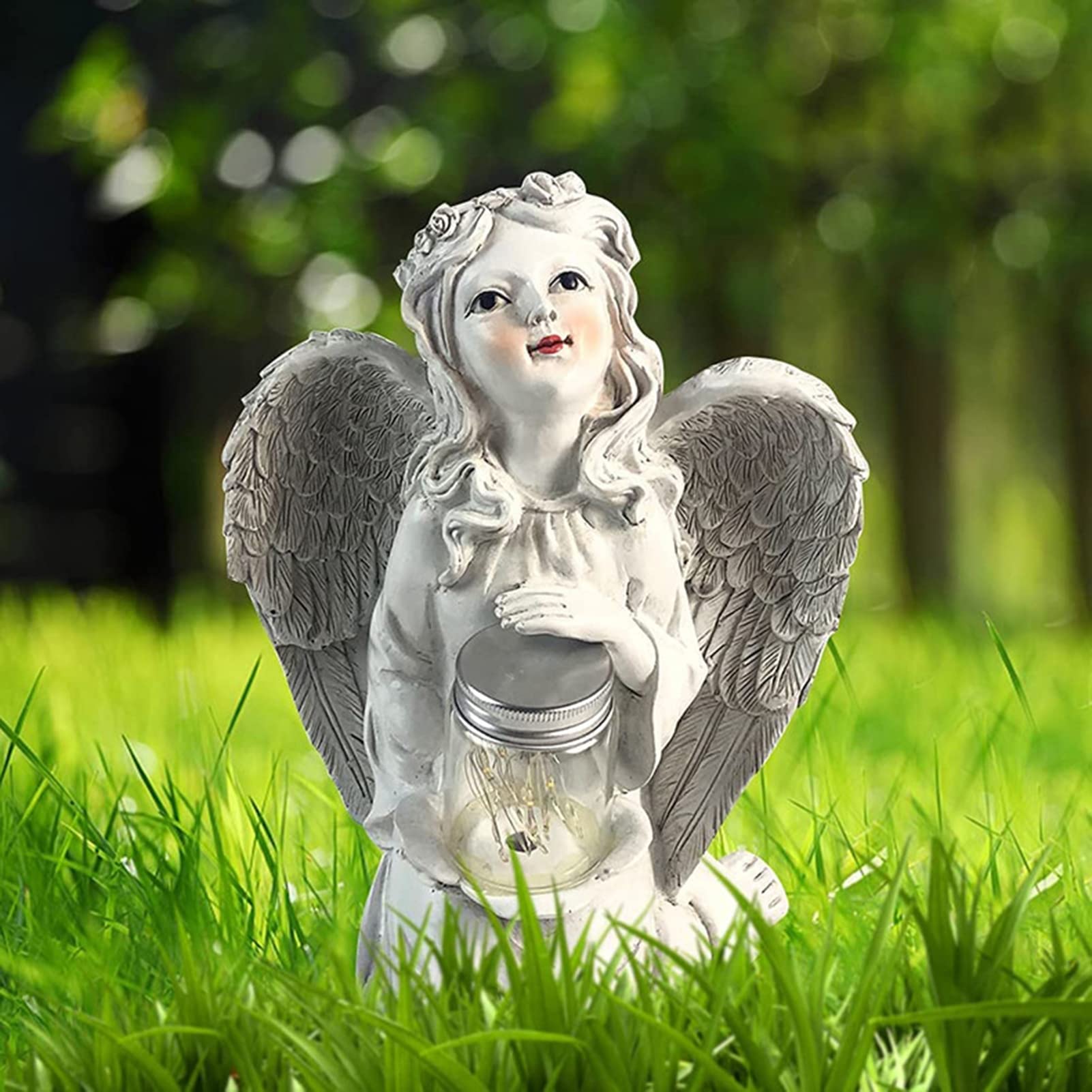 Estatua De Jardín con Luz Solar Ángel Chica con Alas Adornos De Resina para Decoración De Patio, Interior Y Exterior