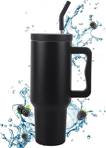 Vaso de 40 onzas con asa y tapa con pajilla, vaso aislado reutilizable, botella de agua de acero inoxidable, taza de viaje, apto para tazas, regalos