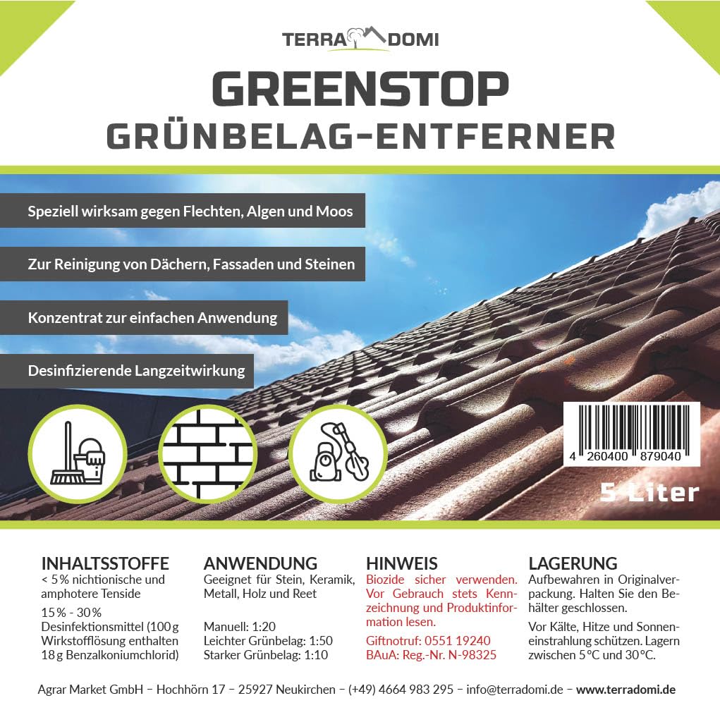 TerraDomi 5 Liter Greenstop für 1500m² I Grünbelagentferner 1:50 Konzentrat gegen Flechten und Algen I Dach- und Steinreiniger I effektiver Fassadenreiniger | A.K.B. …