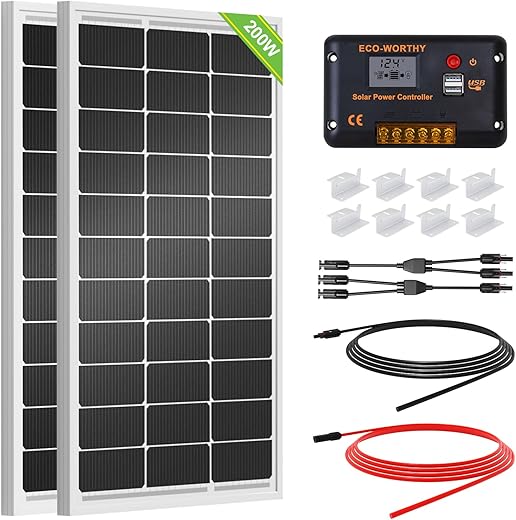 ECO-WORTHY 200 Watts 12 Volt/24 Volt Solar Panel Kit with High Efficiency Monocrystalline Solar Panel and 30A PWM Charge Controller for RV, Camper, Vehicle, Caravan and Other Off Grid Applications