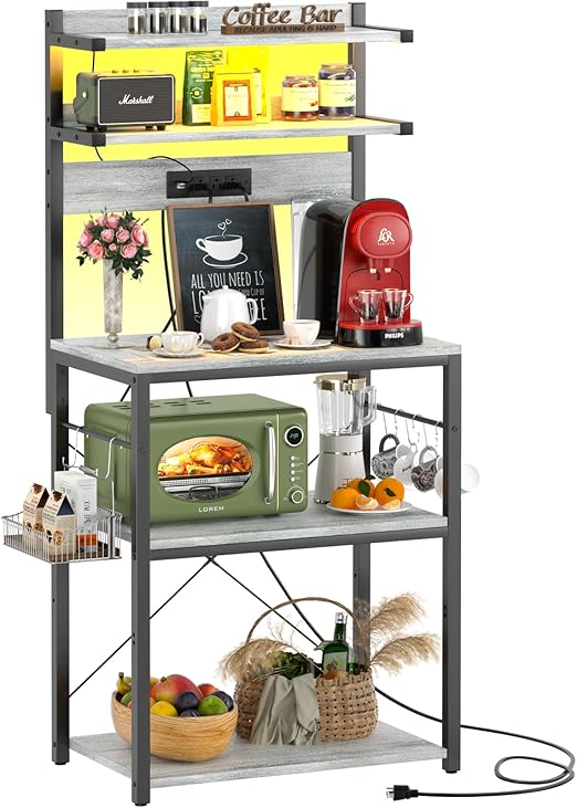 Amazon｜Bakers Rack with Power Outlet, Microwave Stand, 5 Tiers Coffee