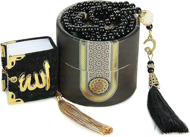 ihvan online Islamic Prayer Cylinder Gift Box with Elegant Velvet Covered Mini Quran & Prayer Beads Tesbih, Ramadan & Eid Gift, Black
