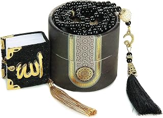 ihvan online Islamic Prayer Cylinder Gift Box with Elegant Velvet Covered Mini Quran & Prayer Beads Tesbih, Misbaha Tasbeeh Sibha 99 Mala Tasbih, Ramadan & Eid Gift, Black