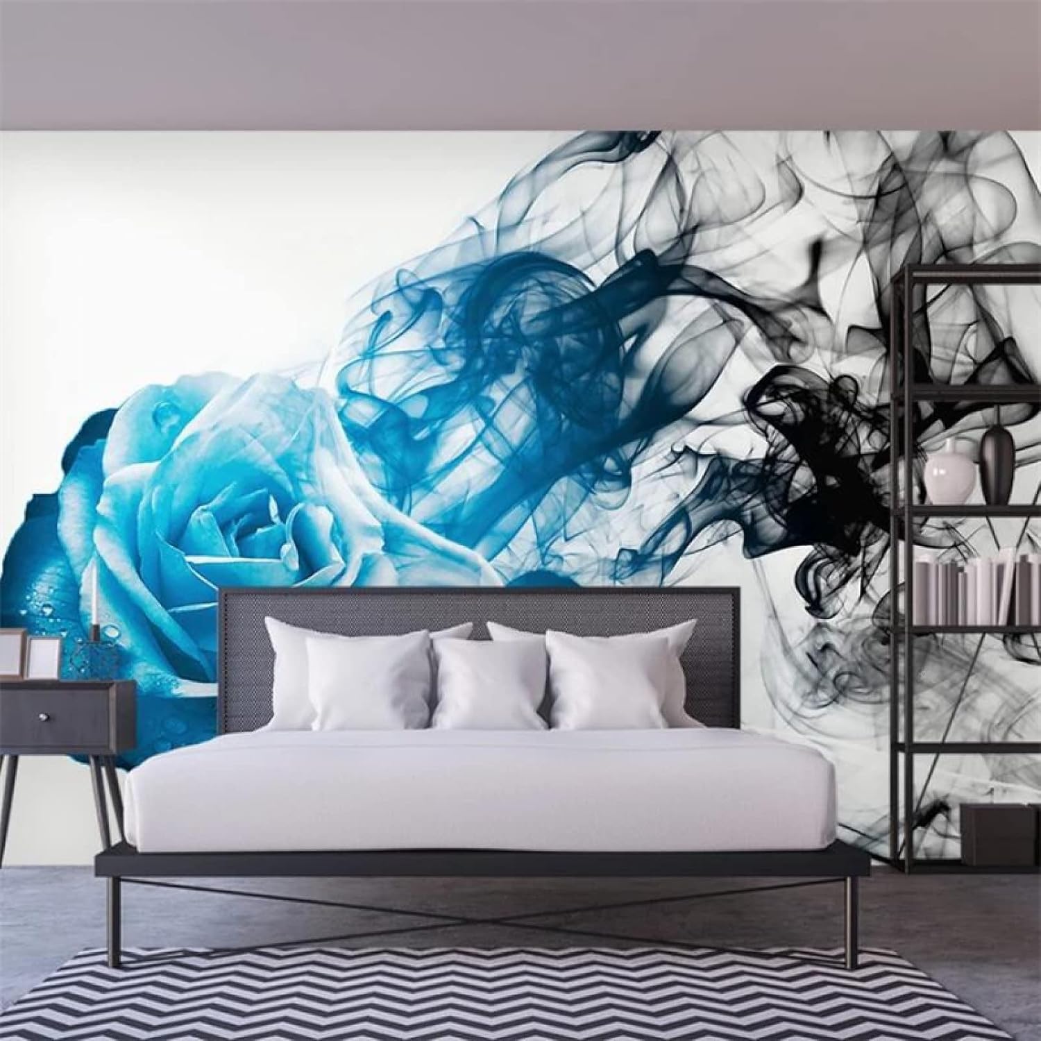 Big Blue Rose Flower 3D Large Photo Wallpaper, Black White Ink Rendering Wall Stickers Murals, Wall Murals Space for Renters Living Room Bedroom Corridor TV Decor Mural - 59"x 39.4"(W x H)