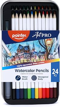 Pointer Art Pro Watercolor Pencils Set, 24 Watercolor Pencils with Refillable Water Brush & Metal Case | Drawing and Painting Art Set for Beginners & Hobby Artists |