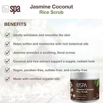BCL Spa Rice Scrub, Jasmine Coconut Exfoliating Body Scrub with Botanical Extract, Body Exfoliator for Smooth Skin, Body Care & Self Care, Made in USA, 16 oz