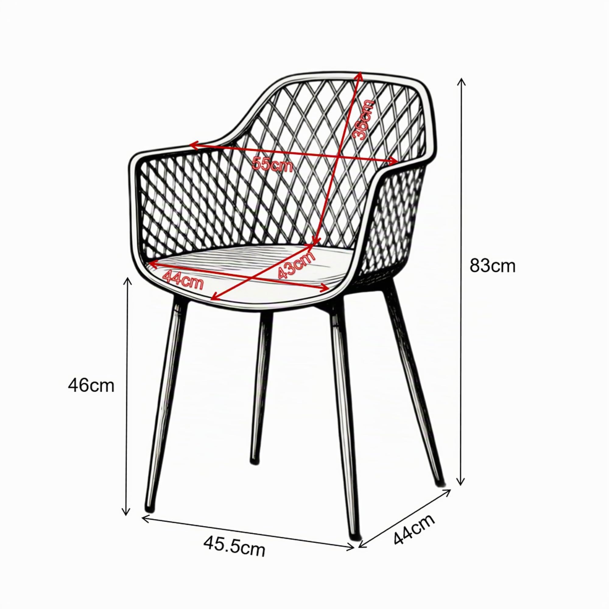 Set di 6 sedie da sala da pranzo con schienale moderno geometrico in plastica con gambe in metallo, sedie da giardino per esterni, sedie da pranzo con braccioli, per balcone, nero