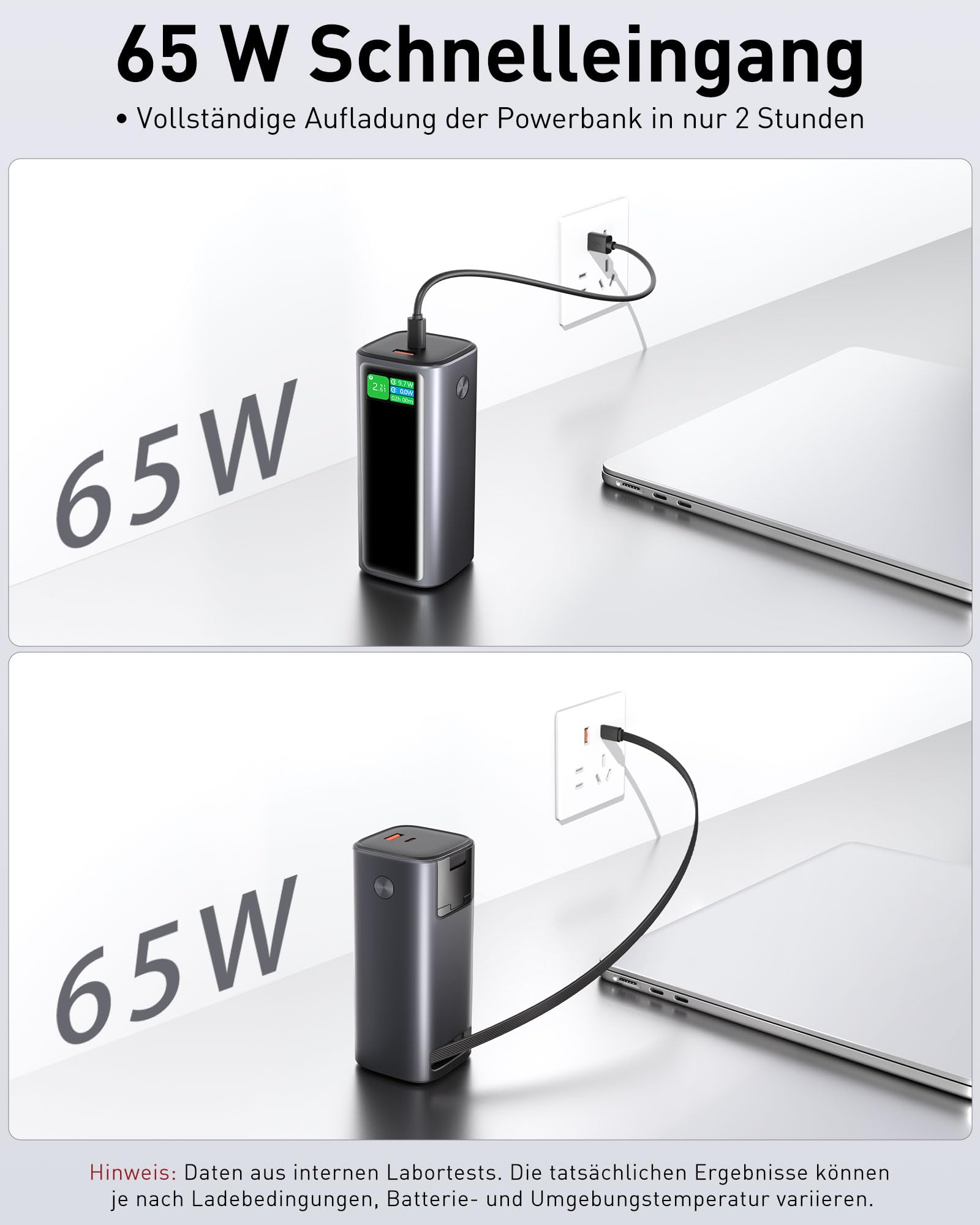 VINKO 20000mAh Powerbank 130W Schnellladung mit integriertem einziehbaren USB-C Kabel, Externer Handyakku kompatibel mit Laptop, iPhone 16/15 Pro Max, Galaxy S24 Ultra, MacBook, Dell