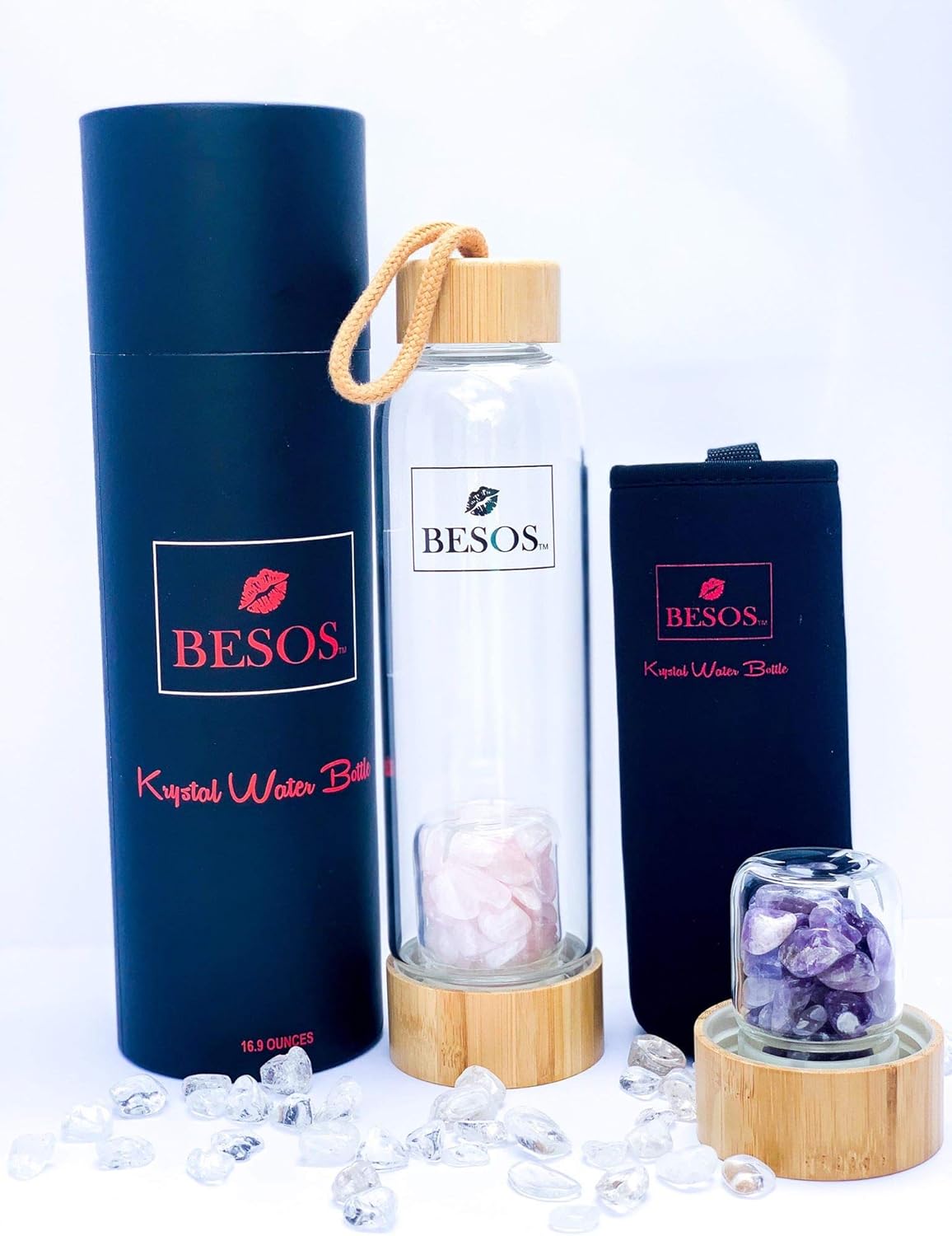 Besos Krystal Elixir Water Bottle 16.9 oz with Removable Dome for Interchangeable Crystals – Versatile Tea Tumbler for Loose Leaf, Herbal, or Fruit Infusion