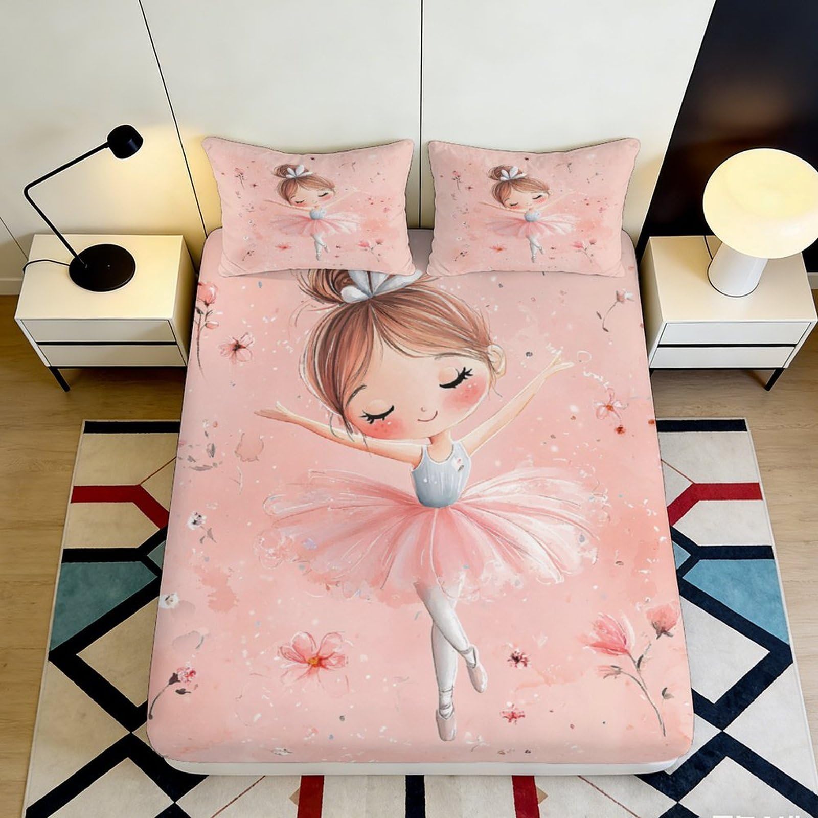 3D Printed Pink Ballerina Fitted Sheet Microfiber Soft Slip-Resistant Floral Princess Mattress Cover for Bedroom Decor 90x200x25cm