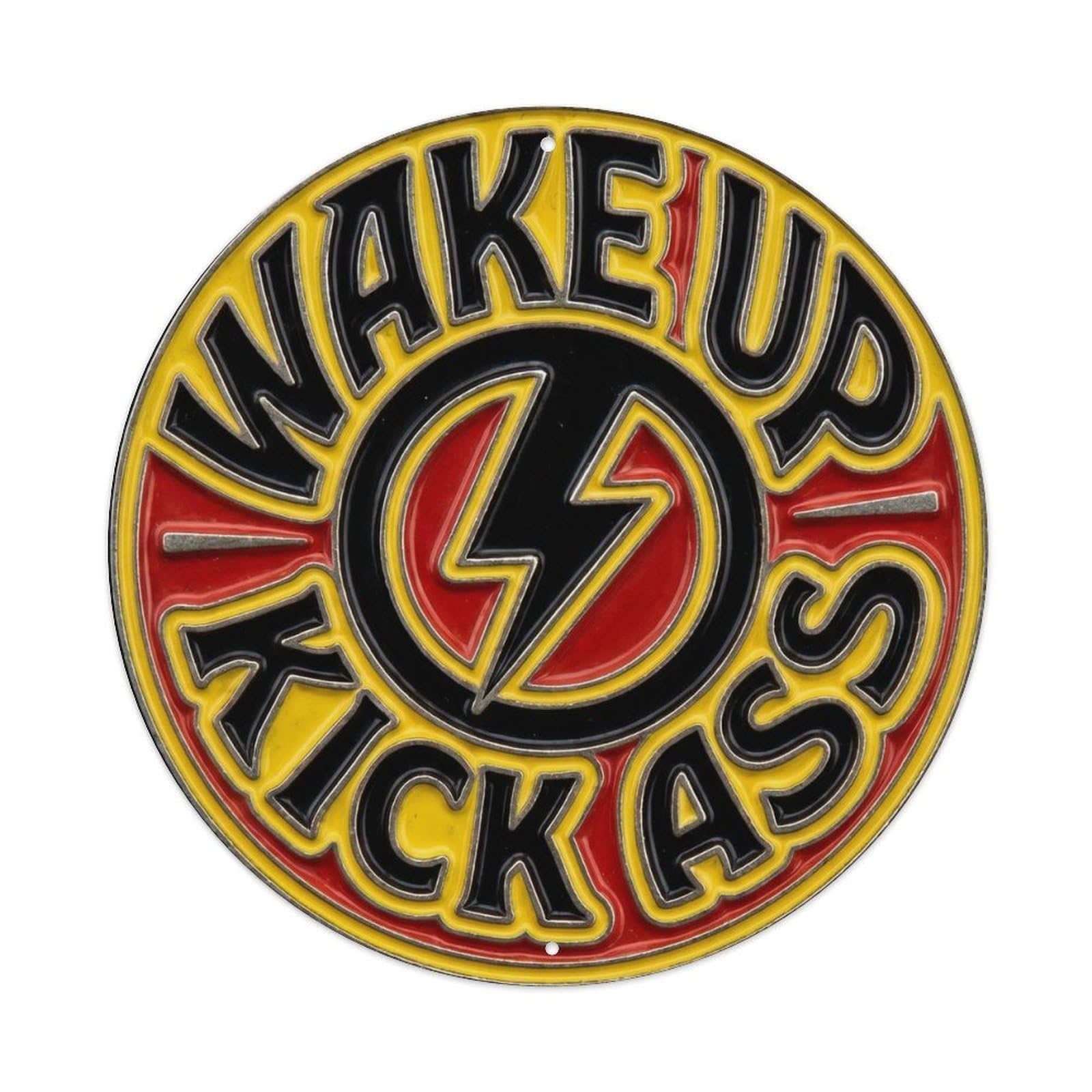 Wake Up Kick Ass Vintage Hanging Ornament Retro Slogans Metal Tin Sign Plaque Wall Decor for Cafe, Club Bar, Office, Home Garden Round Metal Poster 8x8Inch