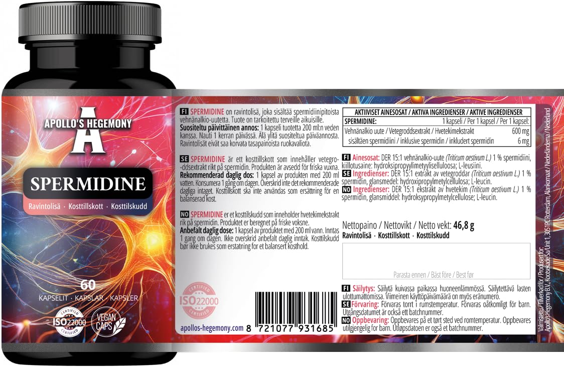 Spermidina 6 mg – 60 cápsulas | Suministro para 60 días – Apoyo a la vitalidad y bienestar diario – APOLLO'S HEGEMONY