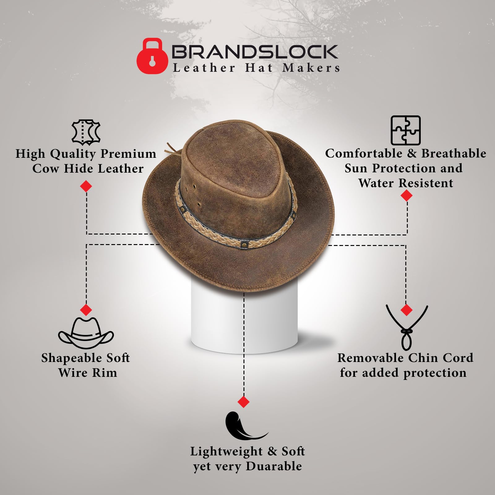 Pamposh Cowboy Chapeau pour Hommes & Femmes-Prime Cuir Australien Chapeau-Léger Mainfait Occidental Hat-Modifiable Large Bord Cowgirl Hat