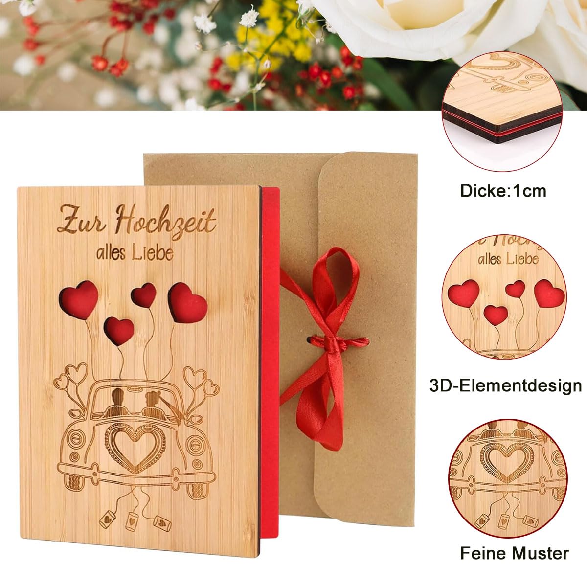 CUEMOON Wooden Wedding Card with Envelope, Wedding Gift Card for Honeymoon Wedding Gifts for Bride and Groom 15 x 11 cm - Image 3