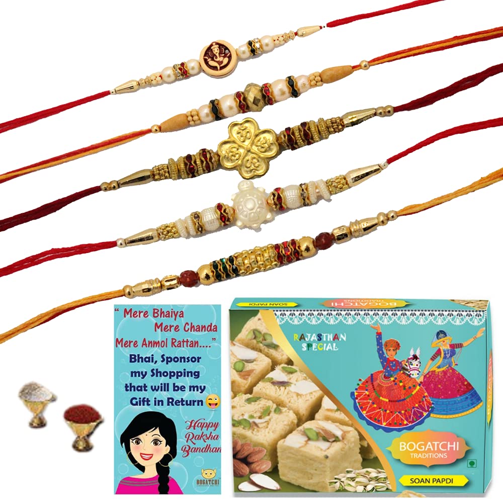 BOGATCHI Rakhi Gift for Brother | Rakhi with Sweets Combo | Rakhi Gift Combo for Brother|Rakhi Set|Soan Papdi + Rakhi Set of 5+Roli Chawal +Rakhi Card |SONPPDI5-5-picture-38