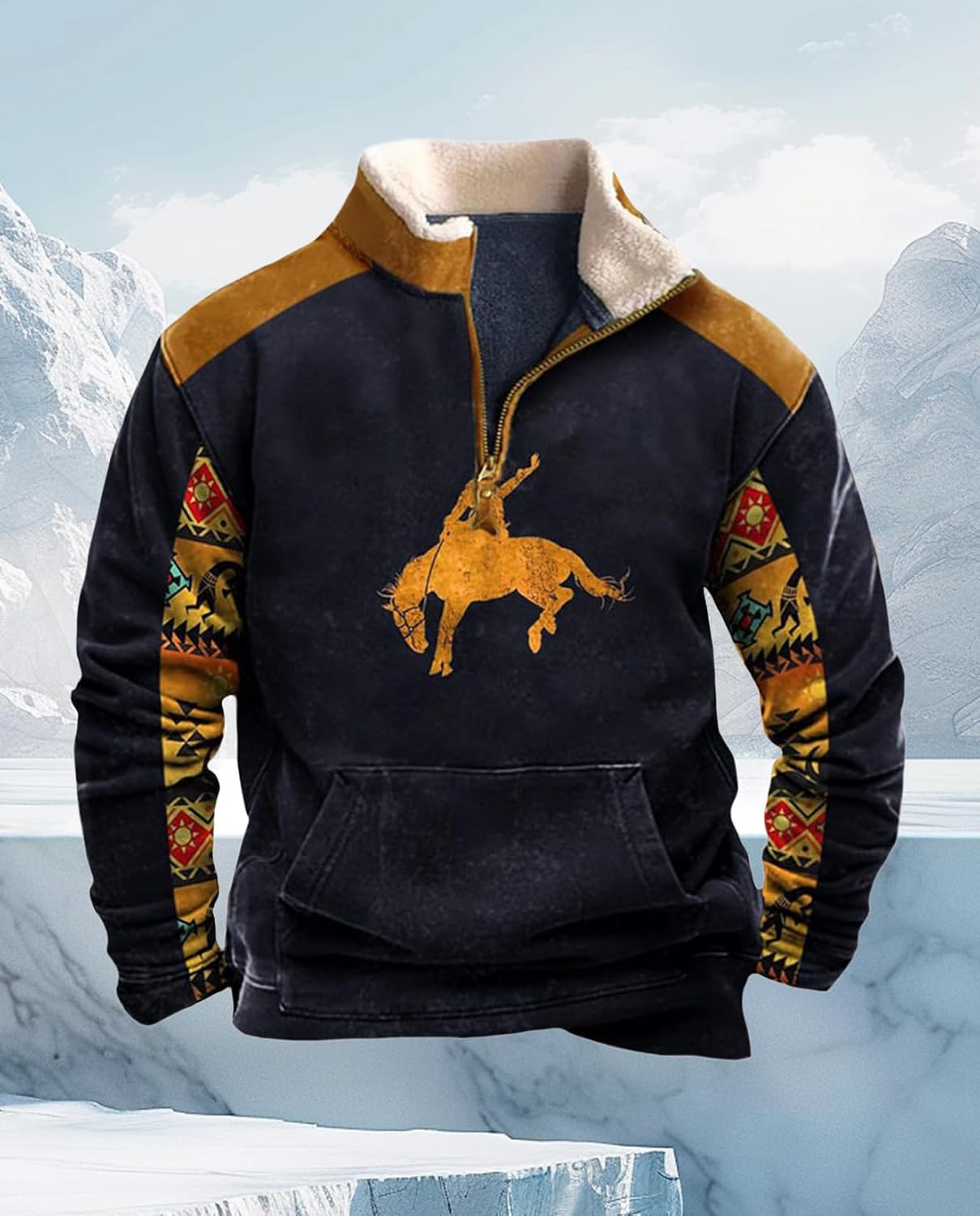 Western Sweatshirts for Men Aztec Cowboy Vintage Graphic Fleece Hoodie Mens Quarter Zip Pullover Country Jacket - Image 4