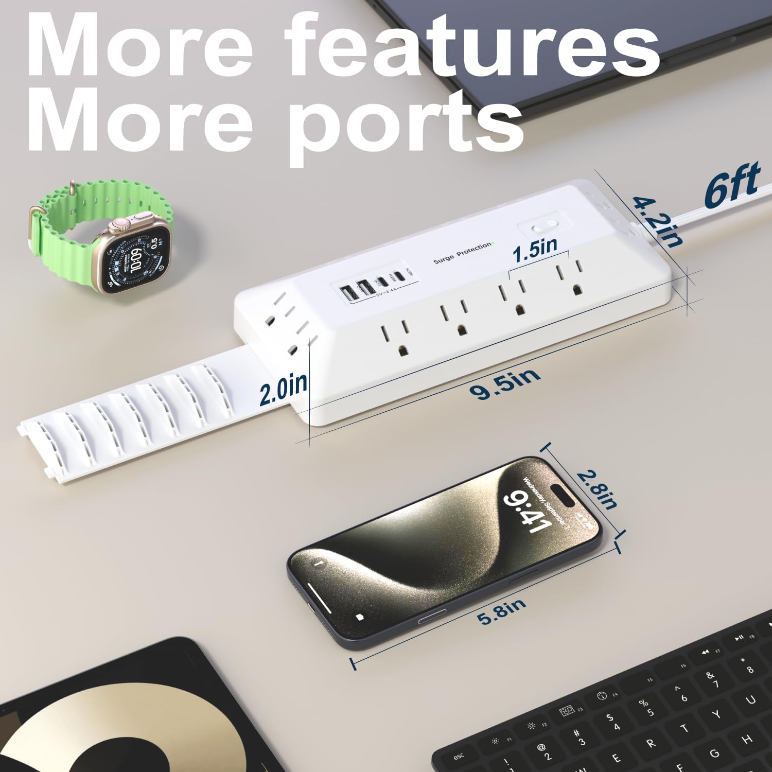Surge Protector Power Strip with USB Ports, 12 Outlets 2 USB-C 2 USB-A, 6 Ft Flat Plug Extension Cord, Multi Plug Outlet with Phone Holder for Desk, Office, Home, Dorm, UL Certification (White)