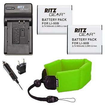 Ritz Gear for Olympus LI-90B, LI-92B, TG-4 and TG-5 Camera 2x Batteries, Charger and Float Strap Bundle, Compatible with Olympus SH-1, SH-50 iHS, SH-60, SP-100, SP-100EE, Tough TG-1,TG-2, and,TG-3,