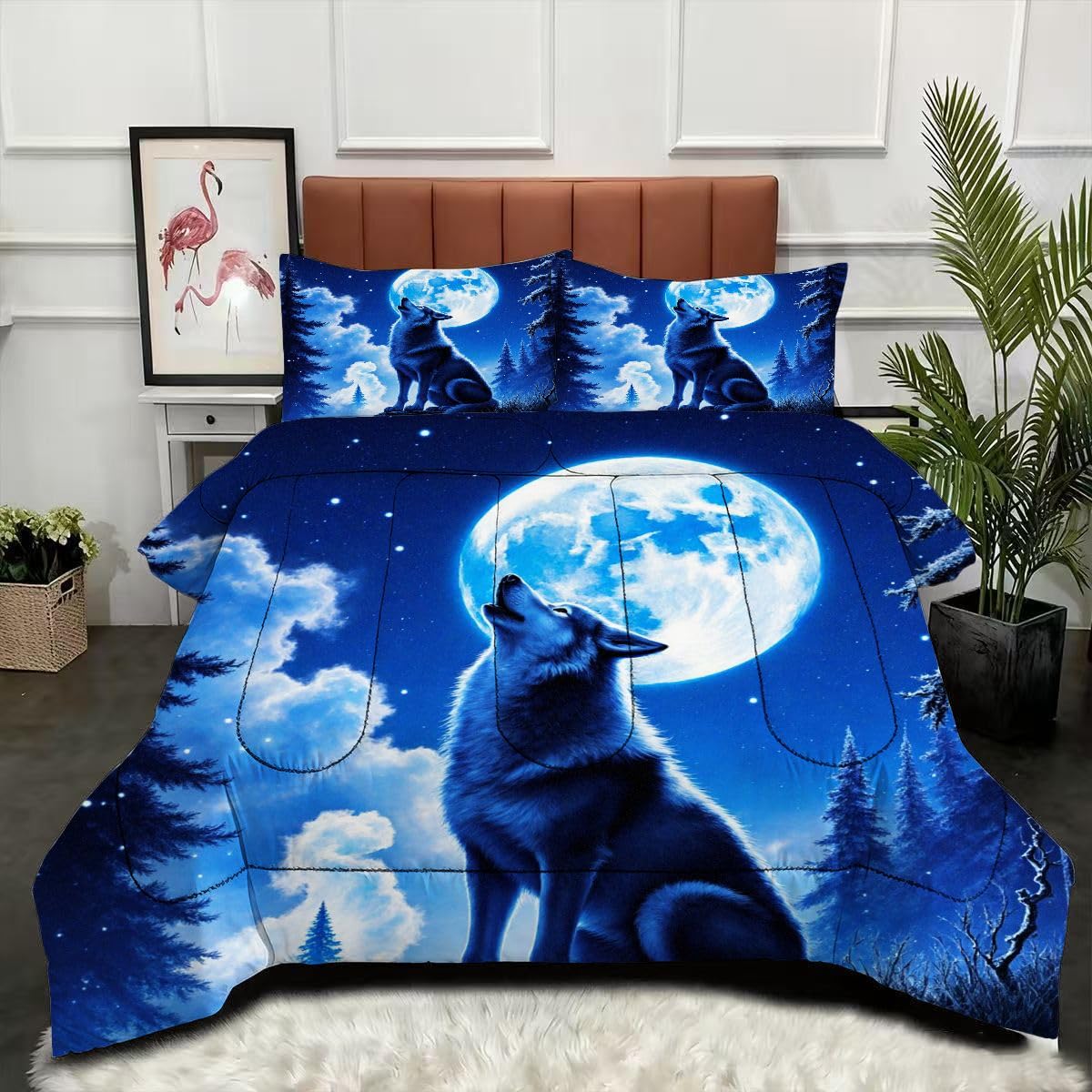 Couette 220 x 240 cm loup avec 2 taies d'oreiller pour lit 2 personnes