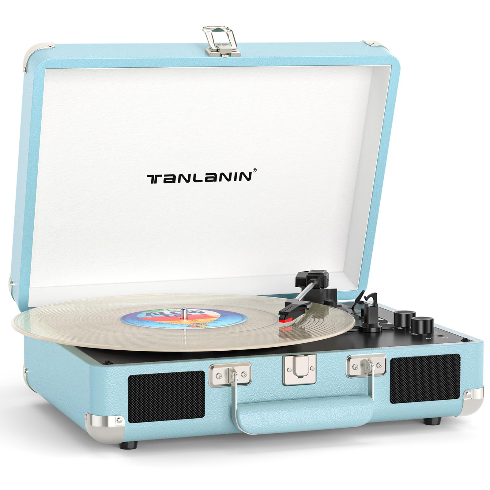 Bluetooth Suitcase Record Player with Built‑in Speakers, Bass & Treble Control, 3‑Speed Belt‑Drive Turntable with Auto‑Stop, RCA & AUX Output,