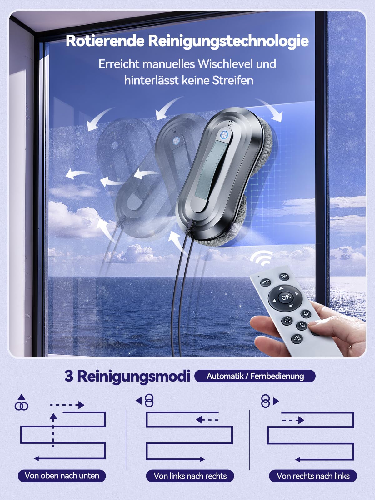 Fensterputzroboter mit Sprühfunktion, Turbo Boost Saugkraft 7000Pa, Leiser Betrieb, 3 Reinigungsmodi, Intelligente Wegplanung, Randerkennung, Inklusive 10 Reinigungstüchern