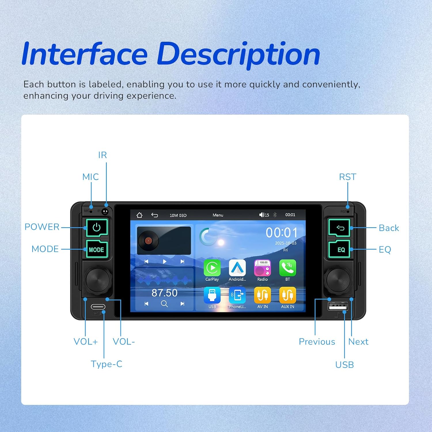 Car Radio Bluetooth 5 Inch Touchscreen Single Din Car Stereo Audio, Car Audio with Wireless Carplay Android Auto Mirror Link FM Type C/USB/EQ/Quick Charge/7 Color Light/SWC