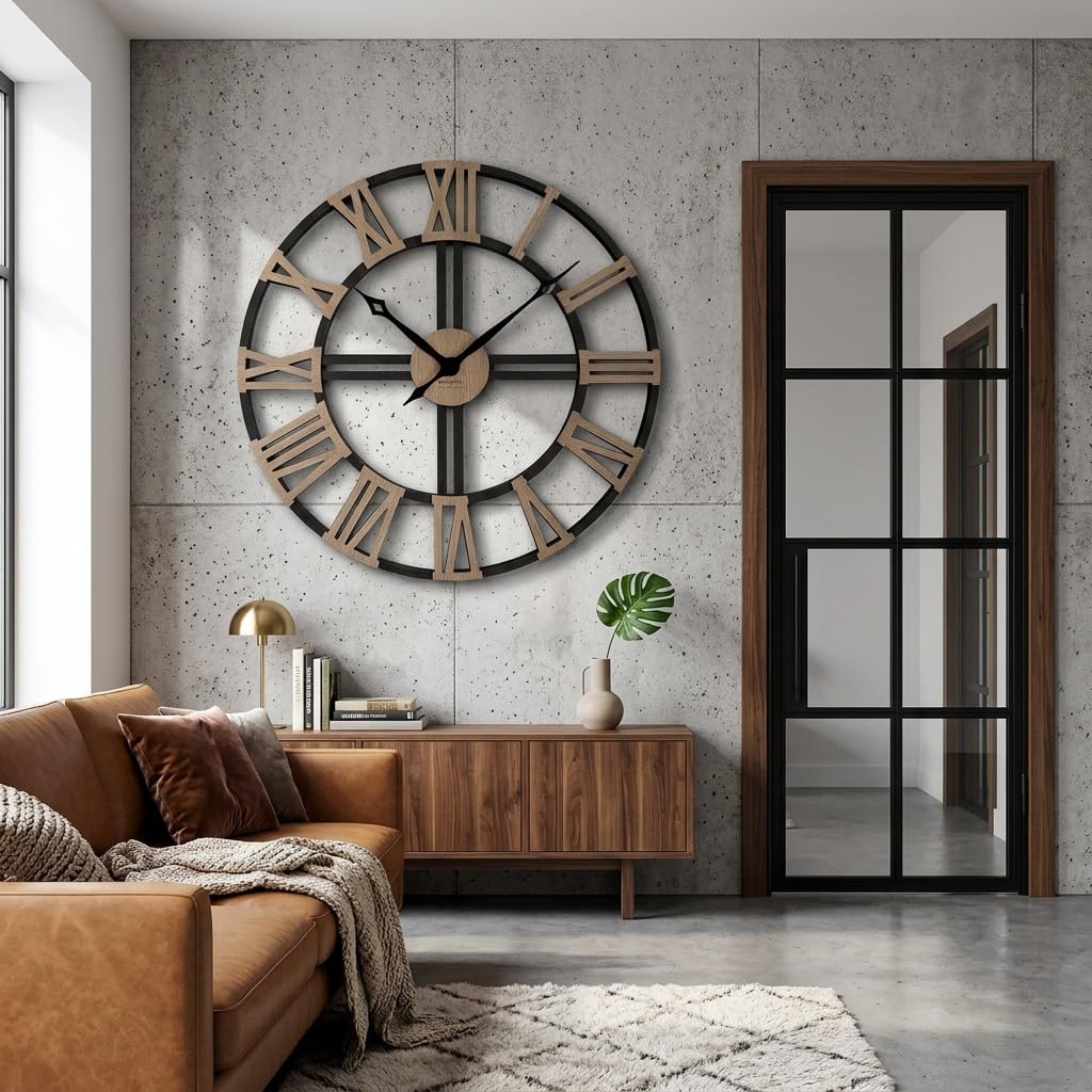 FLEXISTYLE Reloj de Pared Grande EKO XXL sin Ruido de tictac Loft Grande Negro y Roble 80 cm (Grosor 19 mm), para salón, Dormitorio
