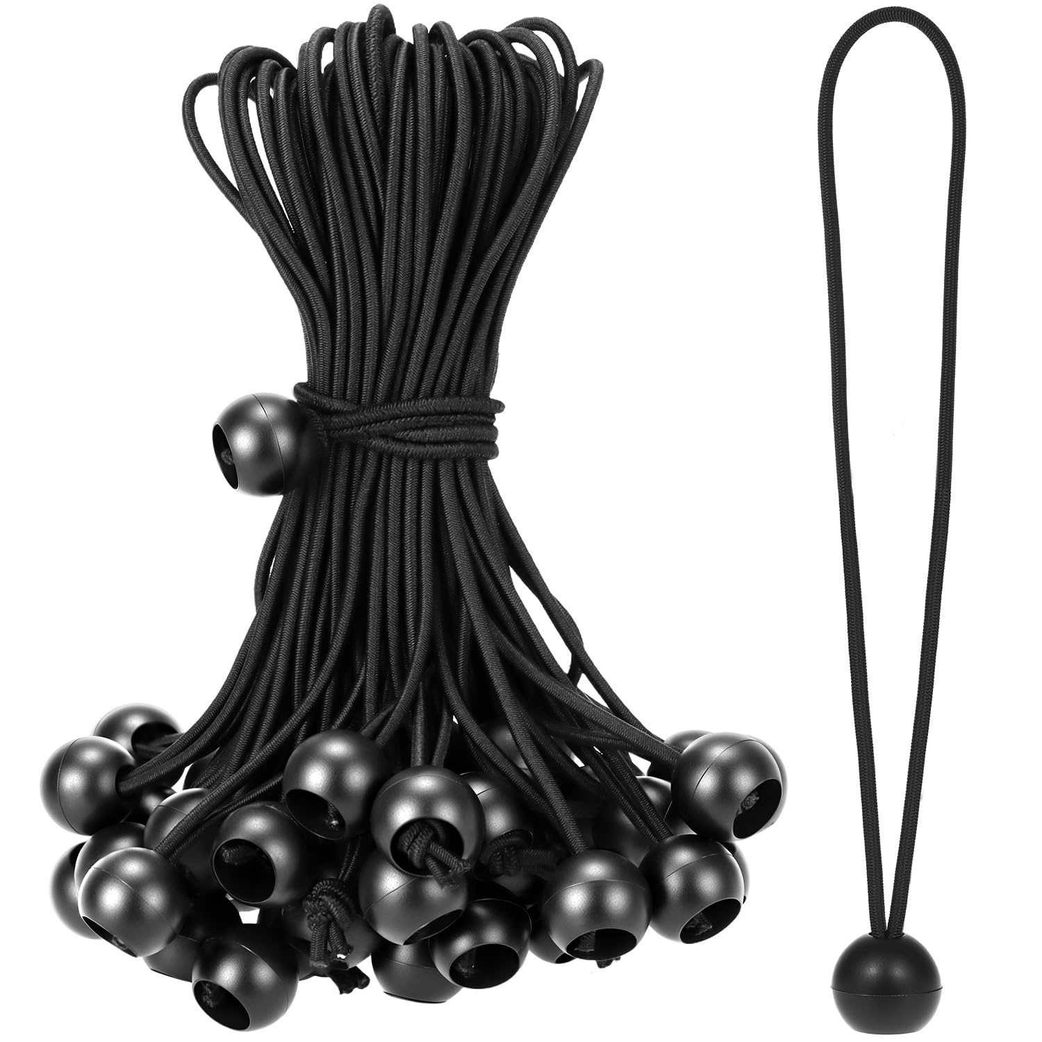 QWORK® 50 pcs Bungee Cord with Balls, 8 inch, Black Bungee Cords, Suitable for camping tents, tarps, banners, Household items