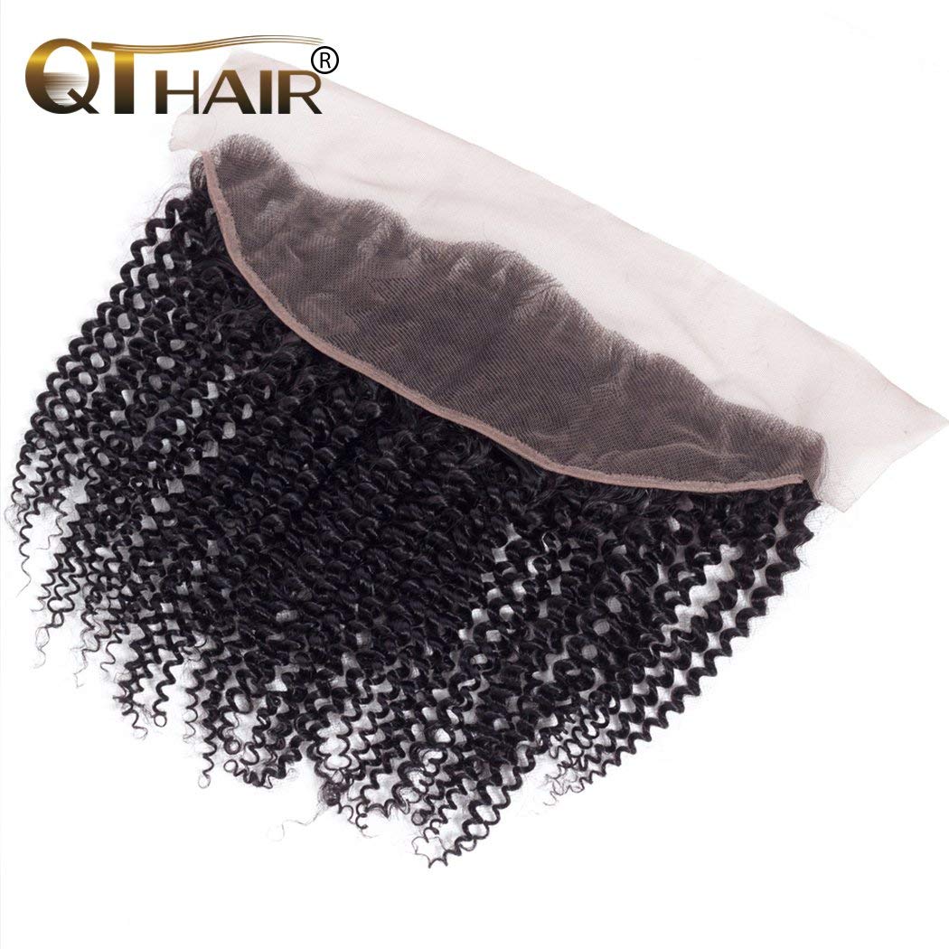 QTHAIR 12A Brazilian Kinky Curly Hair Bundles With Frontal Closure(16 18 20+14,Natural Black) 13"x4" Ear To Ear Lace Frontal Closure With Afro Kinky Curly Hair Bundles