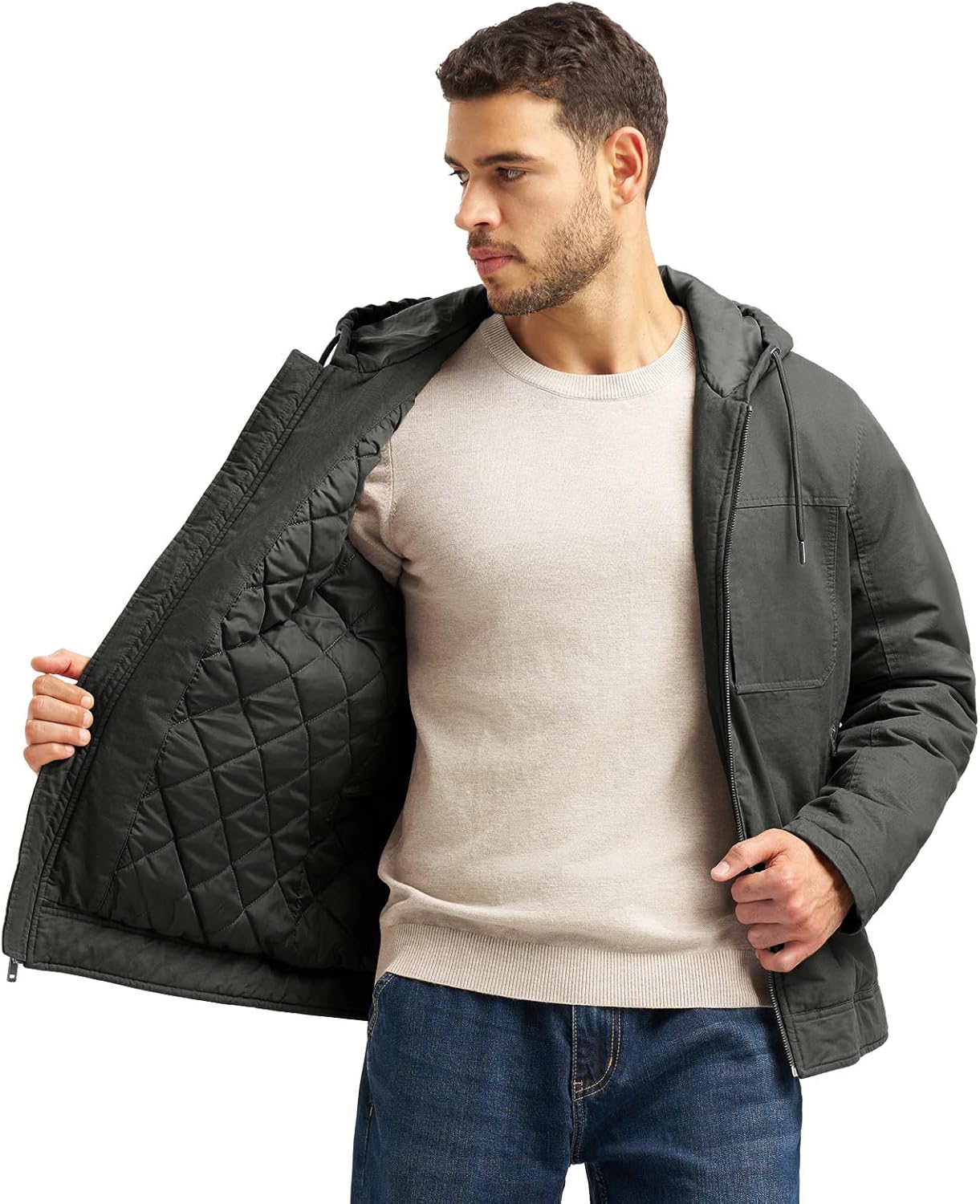 TBMPOY Men's Winter Work Jackets Hooded Quilted Lined Workwear Utility 4 Pockets Cotton warm Active Coats - Image 4