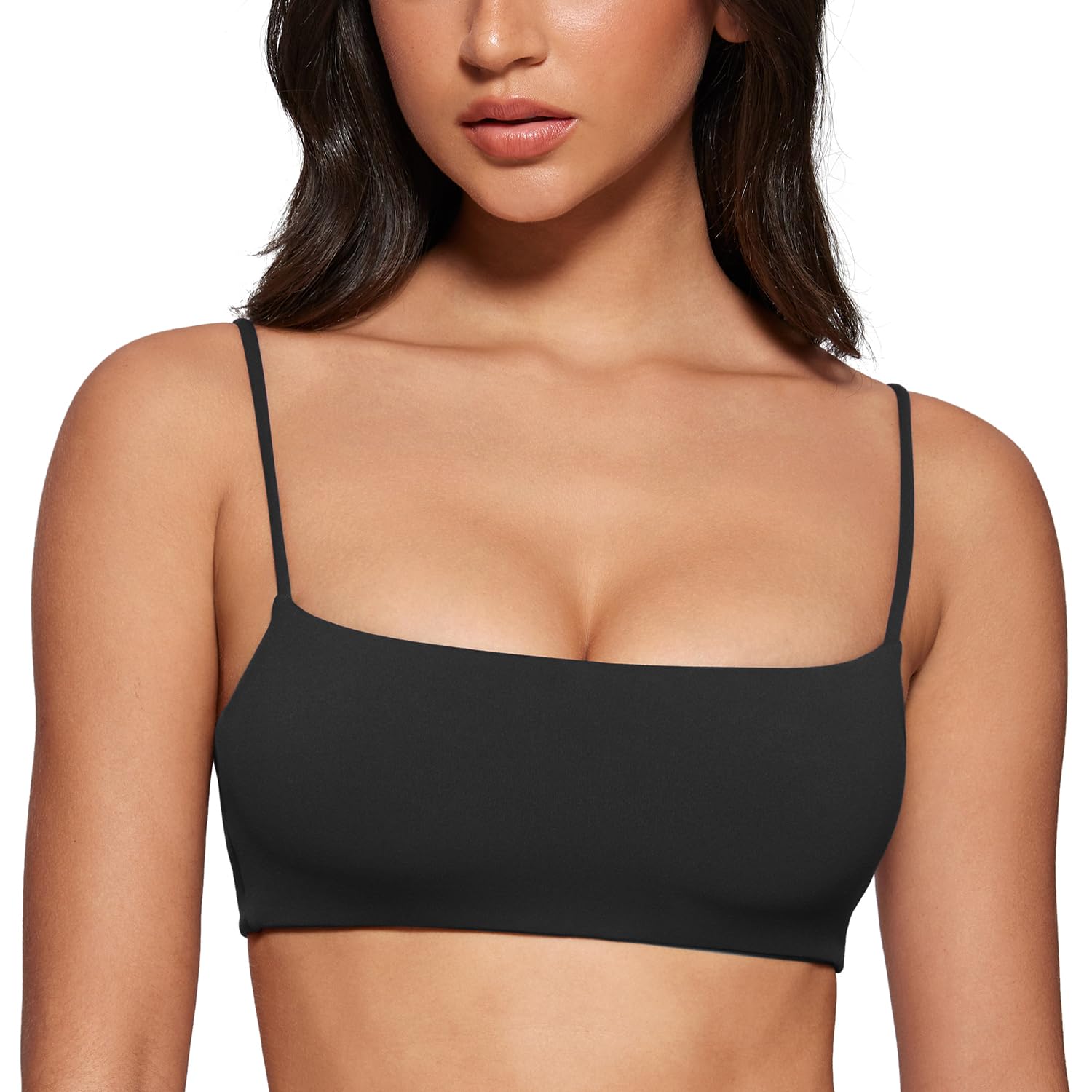 Womens Square Neck Sports Bra Spaghetti Strap Padded Cami Yoga Wireless Square Back Workout Bra Crop Top