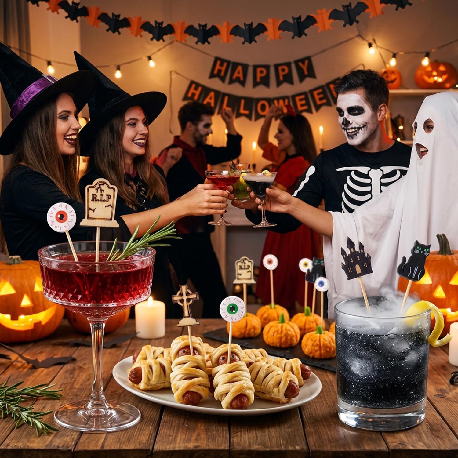 100pcs Halloween Cocktail Picks Eyeball Tombstone Castle Party Toothpicks