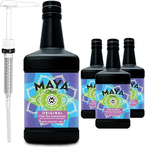 Maya Heritage Chai, concentrado de té original, 64 onzas líquidas, paquete de 4 con 1 bomba