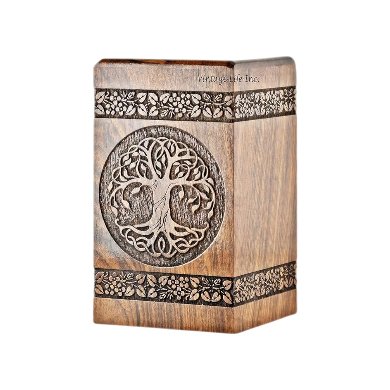 DnU Avenue Biodegradable Hand carved Wooden Cremation Urns for Human Ashes Adult & Pets, Memorial Box, Keepsake for Burial/Funeral Box, Tree Of Life Urn (Extra Large 7.5x7.5x14”, 550 Cu/In, Option 2).