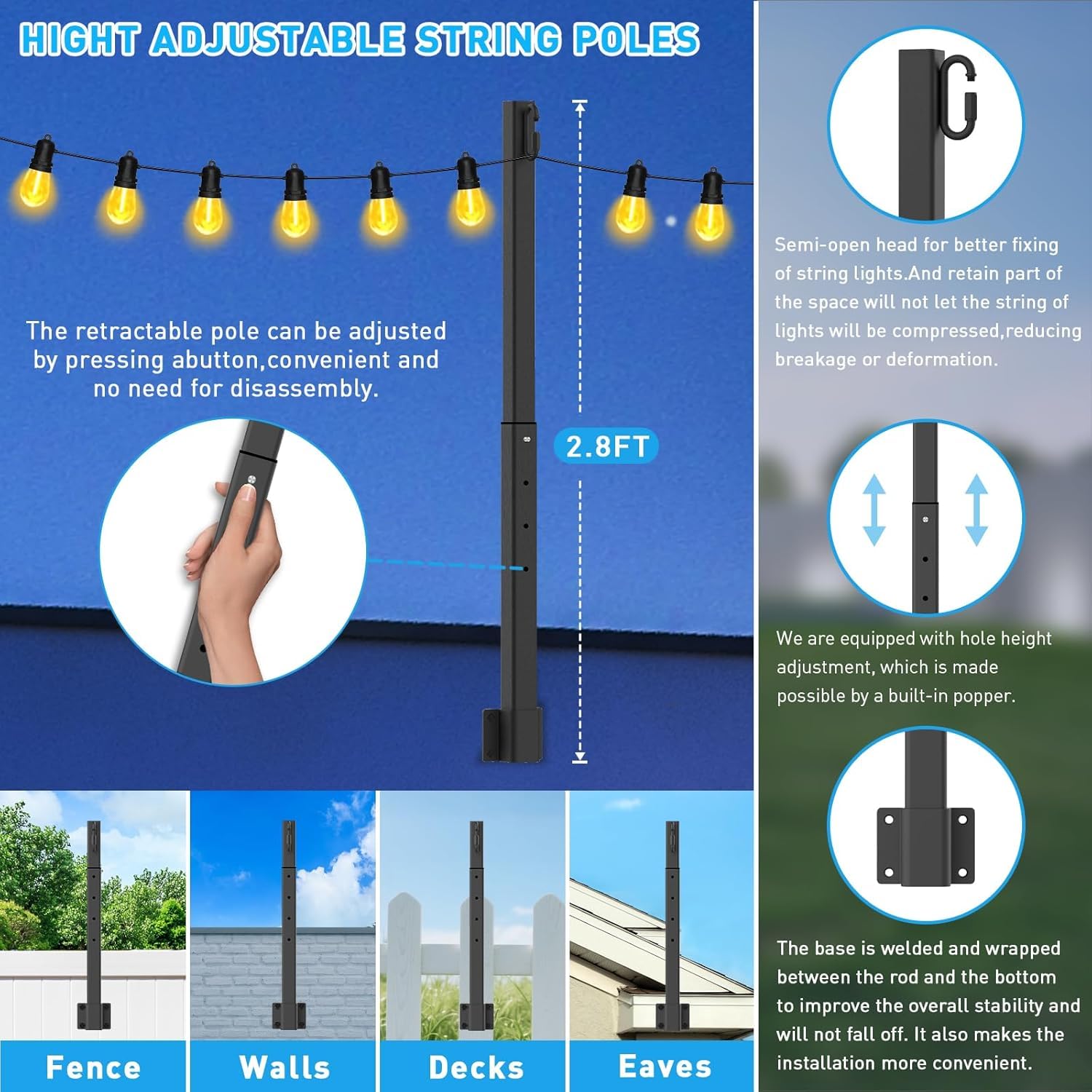 NUERPO 4 Pack String Light Poles,2.8Ft Metal Poles for Outdoor String Lights,Outdoor Light Poles with Post,Poles/Stand for Outside,Patio,Deck,Backyard,Garden Wedding,Party