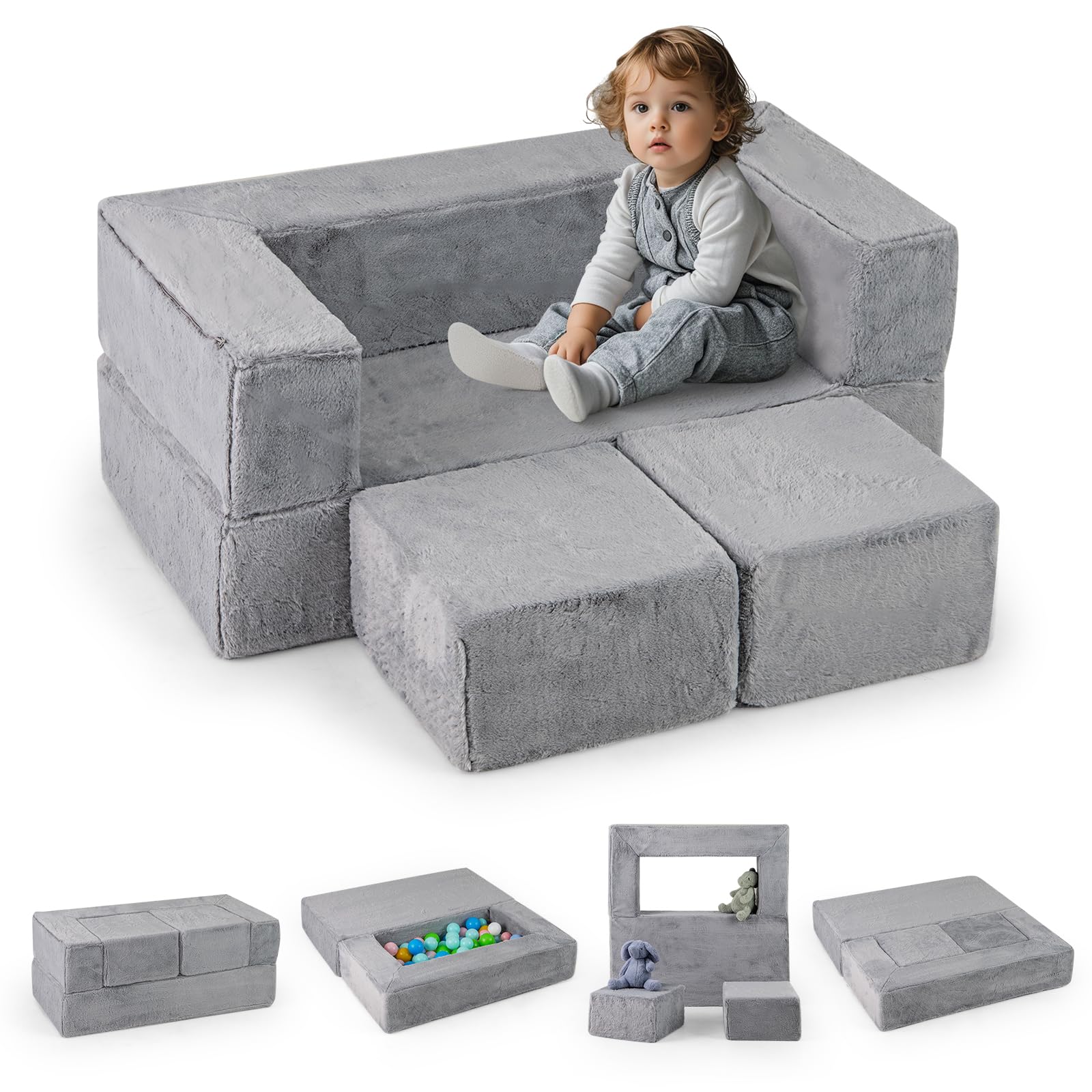COSTWAY Modulares Kindersofa, Spielsofa aus Schaumstoff mit abnehmbarem Plüschbezug, Ausklappbares Modulsofa für Jungen & Mädchen, Kindersessel für Spielzimmer, Schlafzimmer, Kinderzimmer