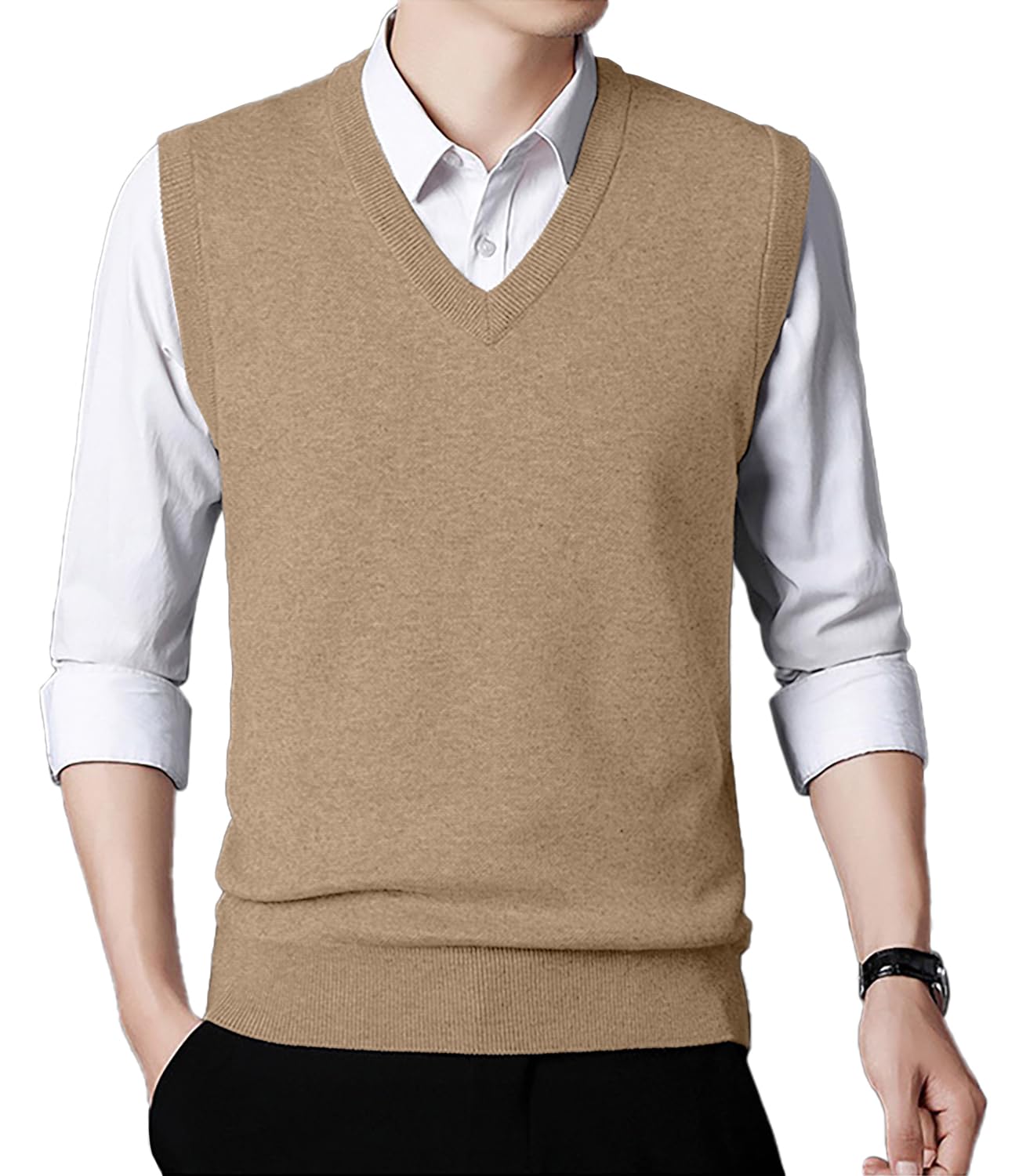 KUYIGO Hombres sin Mangas suéter Chaleco clásico de Negocios Caballero V Cuello de Punto de Punto Chaleco suéter Tank Tops