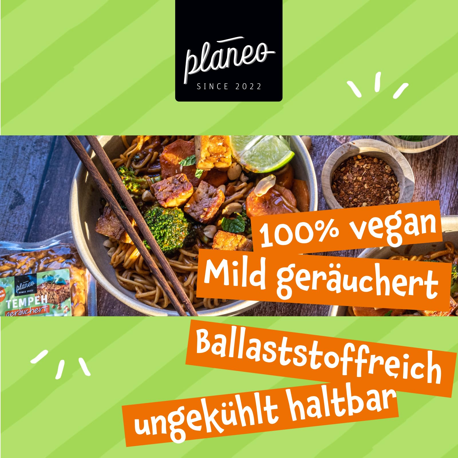 Planeo Tempeh Geräuchert 6x200g - Beste Qualität - Lange, ungekühlt haltbar - mild geräuchert - Soja aus der EU - Planeo (6 x 200g)