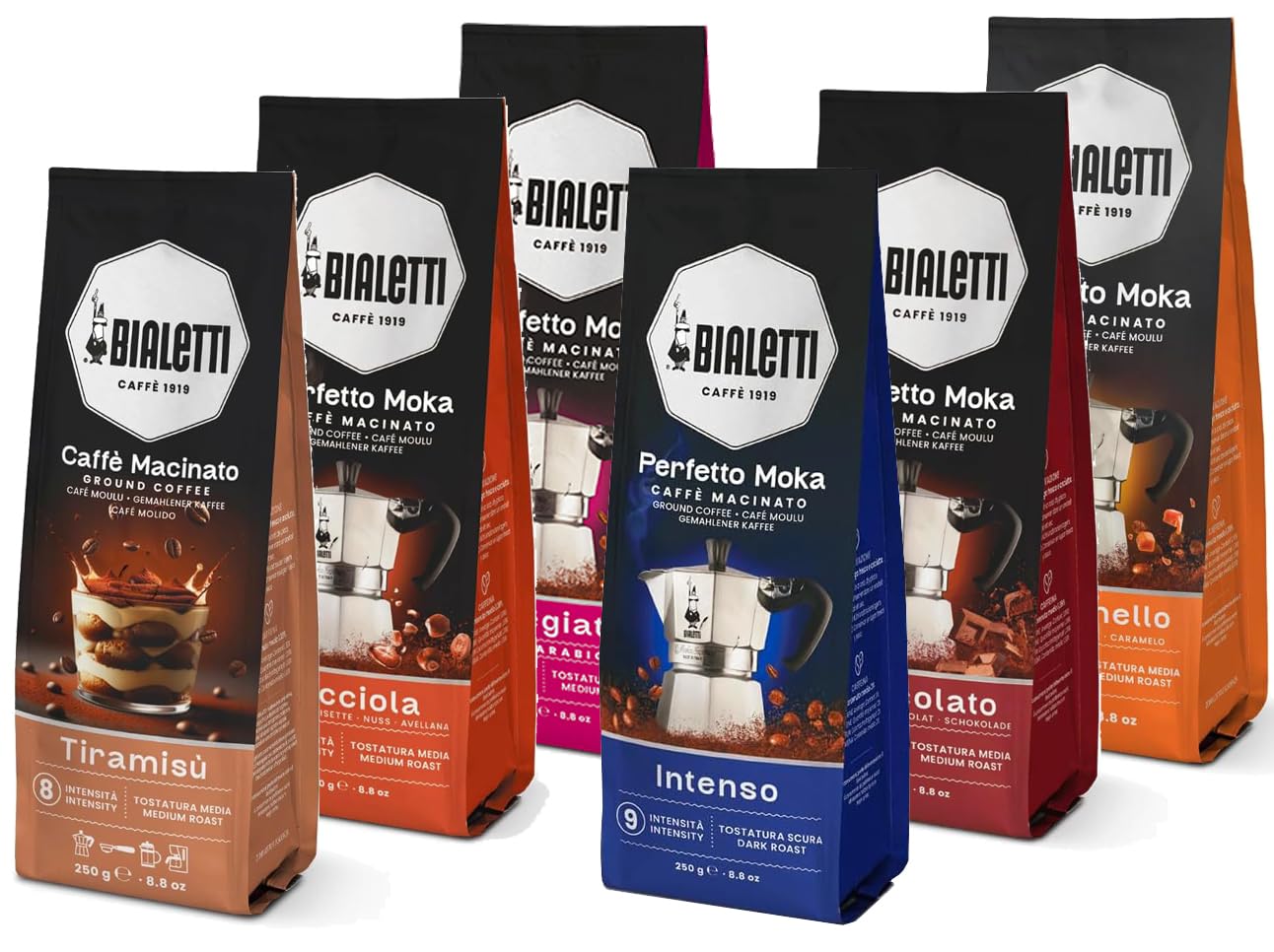 BIALETTI Caffè Macinato Perfetto Moka, 6 Sacchetti da 250 Grammi, Caramello, Tiramisù, Nocciola, Cioccolato, Intenso, Pregiato