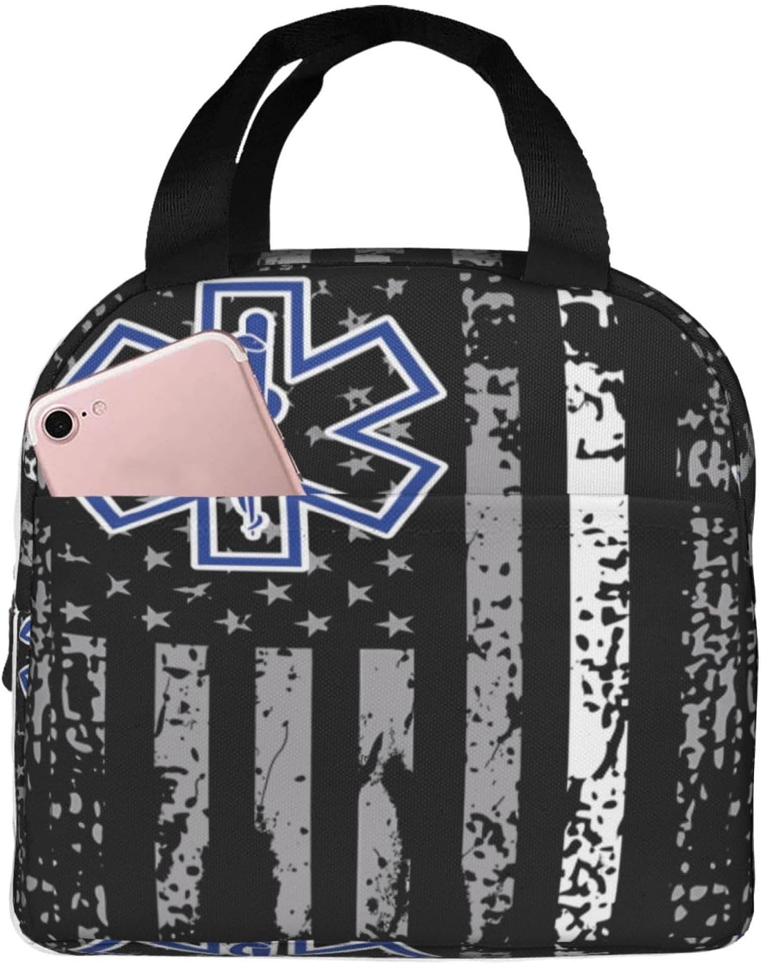 Thin White Line EMS Paramedic American Flag Insulated Lunch Box Large Capacity Thermal Lunch Bag Cooler Lunch Meal Tote Bag Reusable Handbag With Front Pocket For Work Picnic Travel Hiking