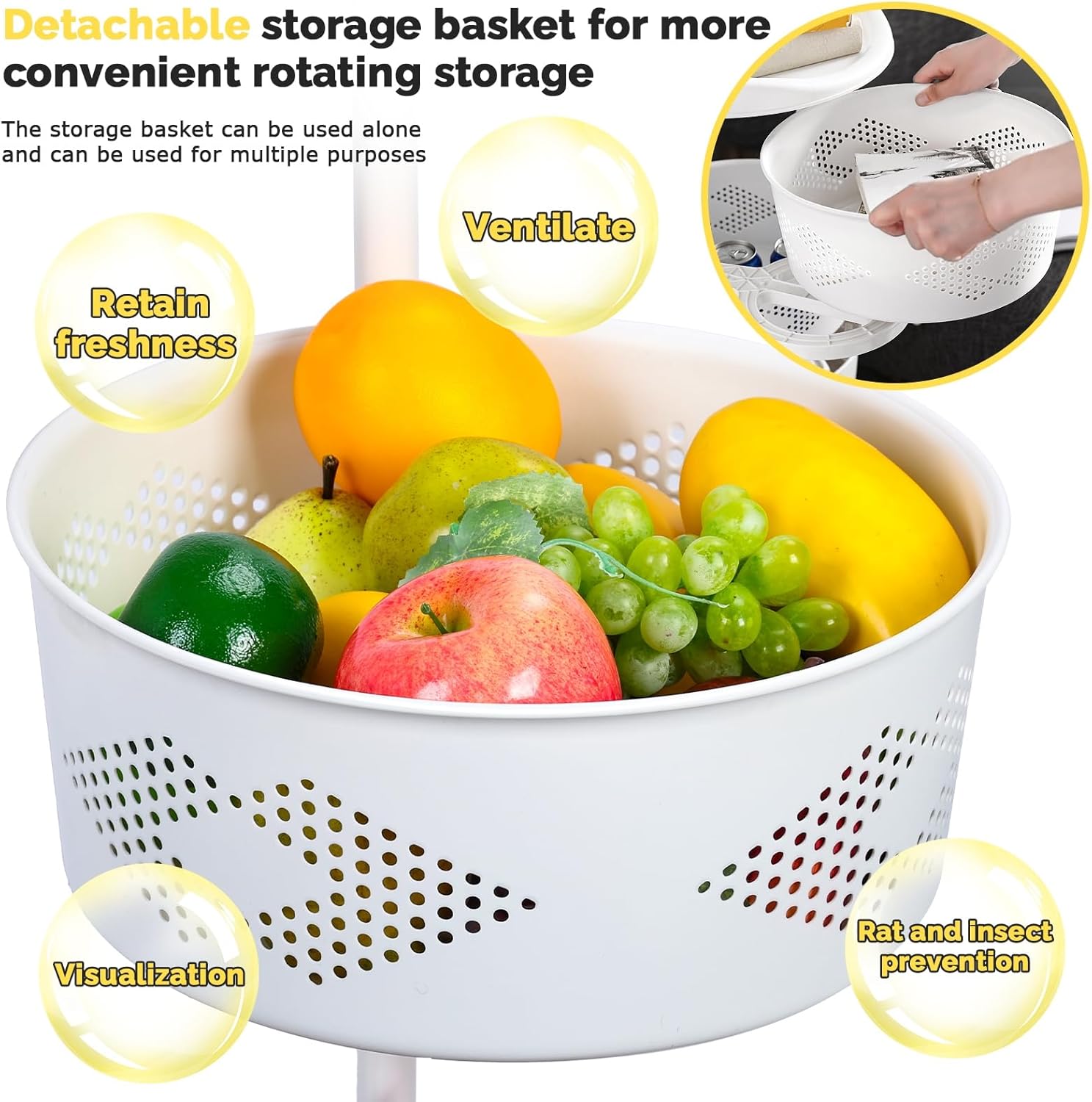 5 Tier Large Kitchen Storage Cart, Circular Rotating Basket, Storage Rack with 360 Degree Wheels, Fruit Vegetable Shelf, Rotatable Basket for Kitchen Bathroom White Five Layers - Image 7