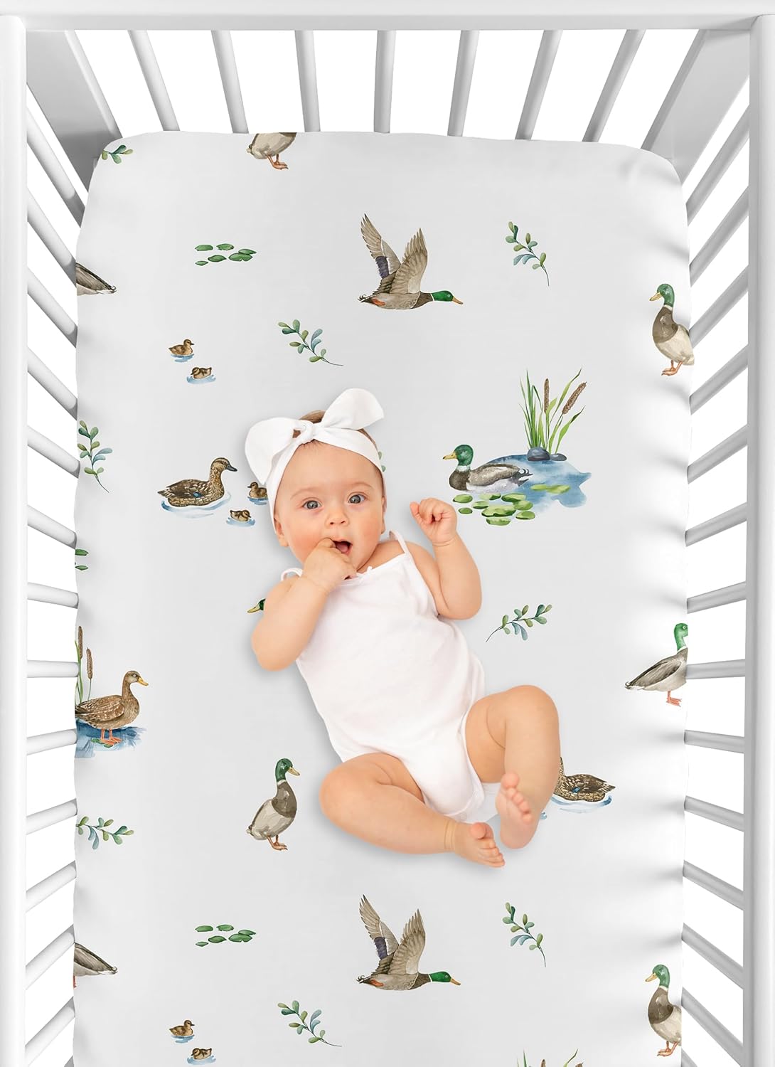 Sweet Jojo Designs Fitted Baby Crib Sheets (Mallard Duck Cottagecore) for Girls/Boys, Infant Nursery, Toddler Room - Standard Size (Watercolor Ducks, Nature, Wildlife, Pond, Lake, Ducklings Lily Pads)
