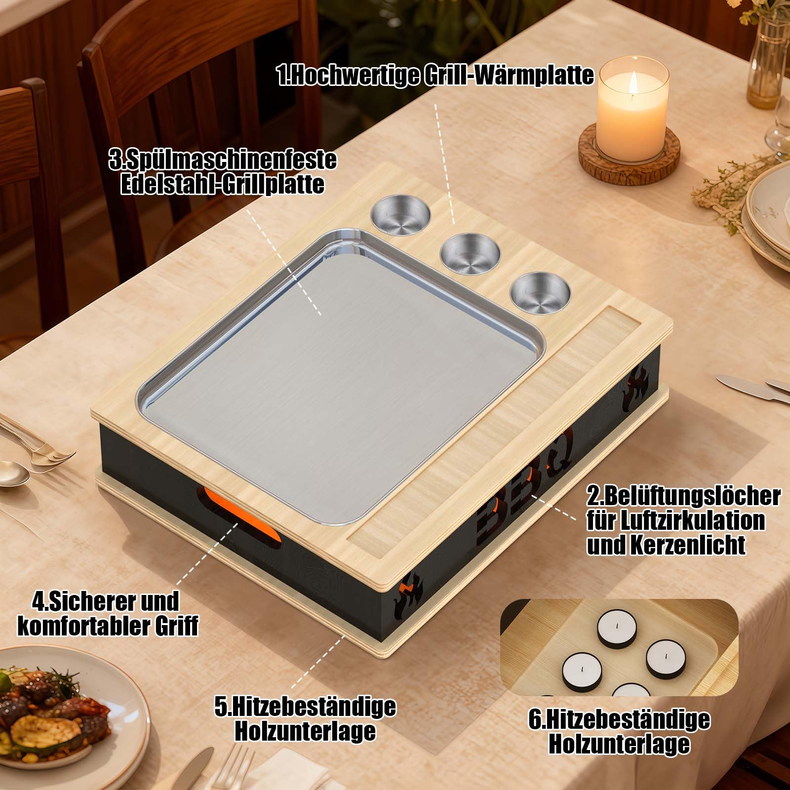 BBQ Warmhalteplatte, Edelstahl Grill Plate Wärmebehälter für Speisen, Grillgut Stövchen, Speisenwärmer Warmhaltebehälter für Grillparty
