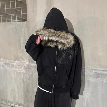RICHTRUE Therian Fur Hood Jacket Y2k Goth Zip Up Hoodie Oversized Graphic Sweatshirt Emo Grunge Streetwear Fall Winter 2025