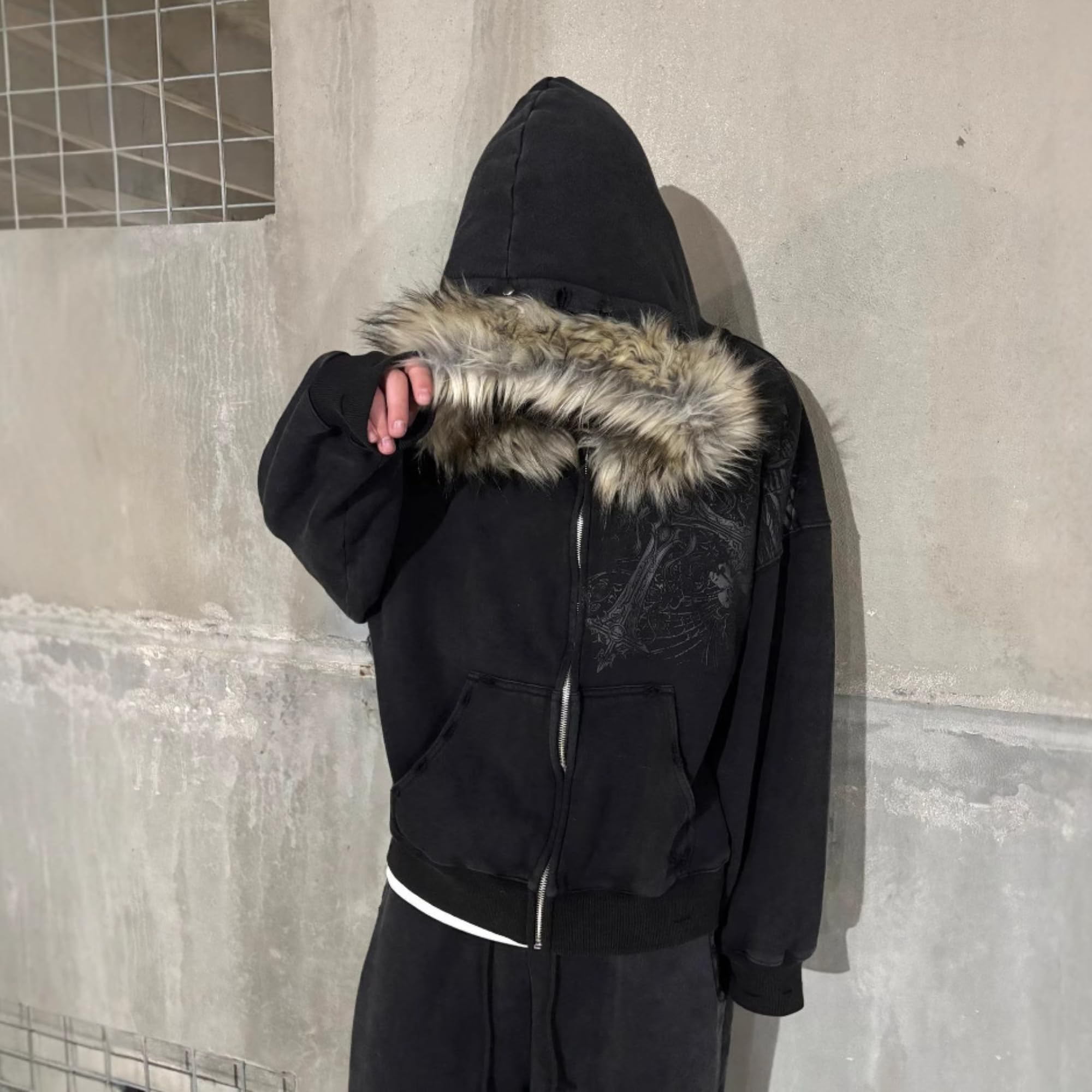 RICHTRUE Therian Pelz-Kapuzenjacke Y2k Goth Reißverschluss Hoodie Oversized Graphic Sweatshirt Emo Grunge Streetwear Herbst Winter 2025