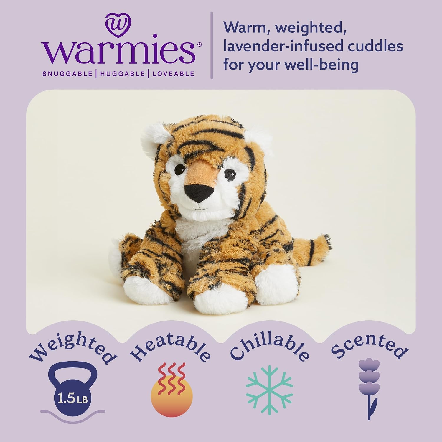 warmies Microwavable & Weighted Stuffed Animals, Tiger - Heated Stuffed Animal Plushie for Warmth & Comfort - Cute Soft Plush Toys for Adults & Children (Boys, Girls, Babies & Toddlers)